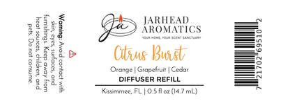 Jarhead Aromatics Citrus Burst Cold Air Diffuser Refill—Bright Citrus & Tropical Fruit scent. 0.5 fl oz refill. Includes caution on contact, brand details, and barcode on right side.