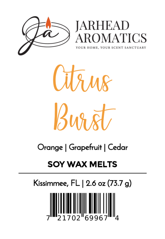 Jarhead Aromatics Citrus Burst Soy Wax Melt: Bright tropical citrus & peach aroma with notes of orange, grapefruit, cedar. Long-lasting fragrance. Kissimmee, FL. Net Wt 2.6 oz. Barcode at bottom.