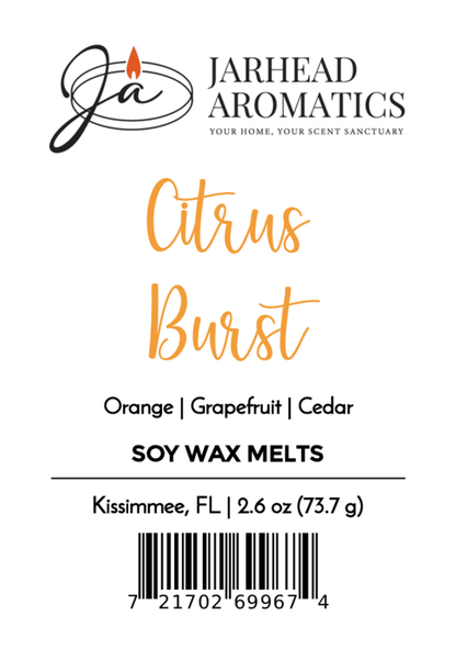 Jarhead Aromatics Citrus Burst Soy Wax Melt: Bright tropical citrus & peach aroma with notes of orange, grapefruit, cedar. Long-lasting fragrance. Kissimmee, FL. Net Wt 2.6 oz. Barcode at bottom.