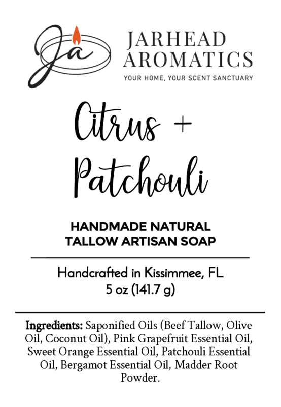 Label for Jarhead Aromatics Citrus + Patchouli Handmade Natural Tallow Artisan Soap, handcrafted in Kissimmee, FL. Ingredients and details in black text on a white background; features brand logo.