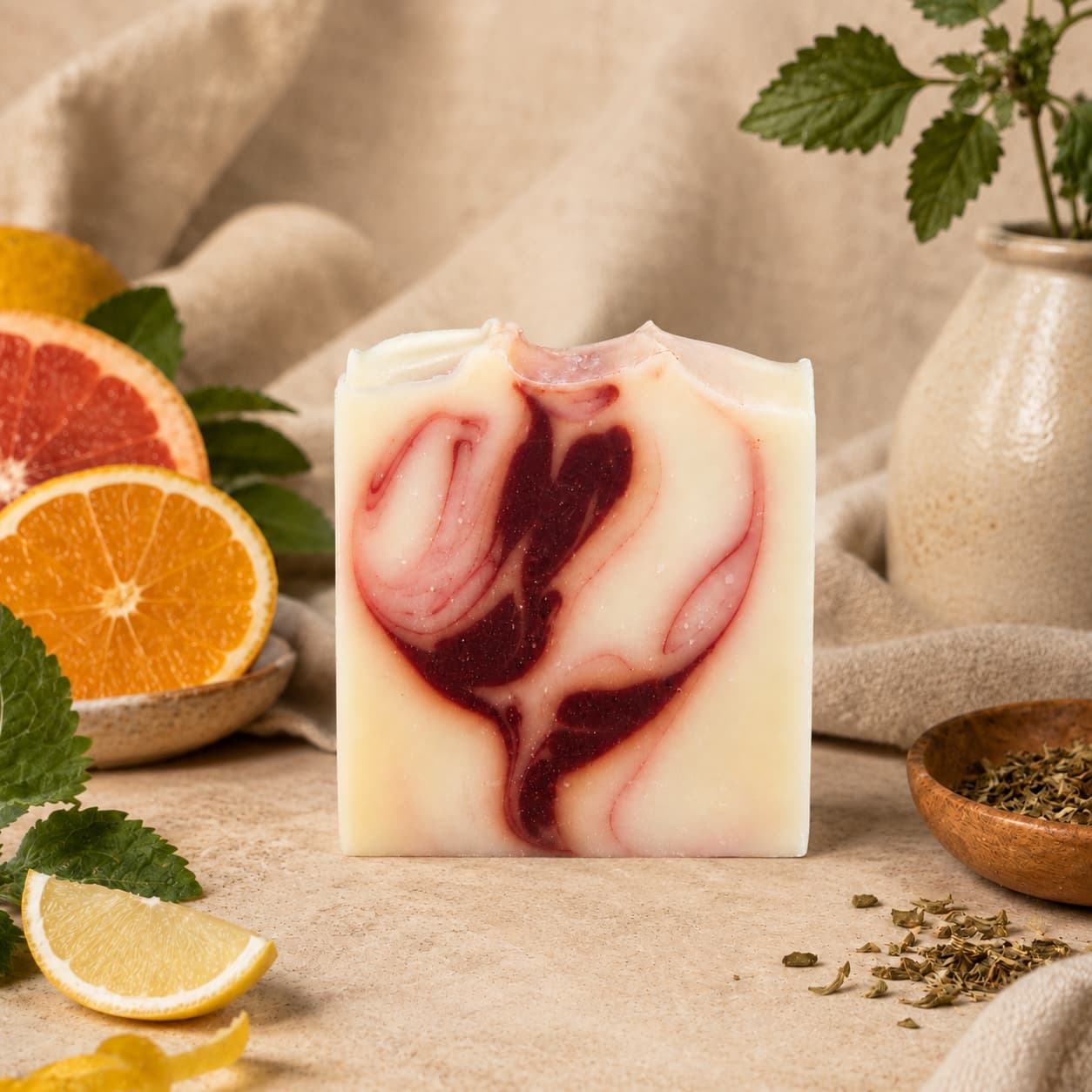 A bar of Jarhead Aromatics Citrus + Patchouli Handmade Natural Tallow Artisan Soap, with red and white swirls, rests on a beige cloth. The bright citrus and earthy patchouli soap is surrounded by orange, lemon, and grapefruit slices, fresh green leaves, dried herbs, and a ceramic vase.