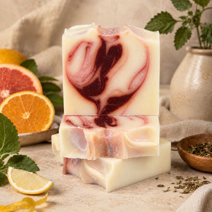 Three artisan soap bars with a creamy white base and vivid red swirls are elegantly stacked on a beige surface. Surrounding the soaps are slices of grapefruit, orange, and lemon, accompanied by fresh green leaves and a small vase as decorative accents. The Citrus + Patchouli Handmade Natural Tallow Artisan Soap from Jarhead Aromatics—featuring the bright notes of citrus blended with earthy patchouli—adds a refreshing touch of handmade luxury to any setting.