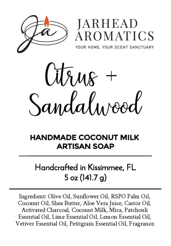 Jarhead Aromatics Citrus + Sandalwood Handmade Coconut Milk Artisan Soap—expertly crafted in Kissimmee, FL. Enjoy the bright citrus and woodsy sandalwood aroma of this artisan soap, made with natural ingredients and pure essential oils.