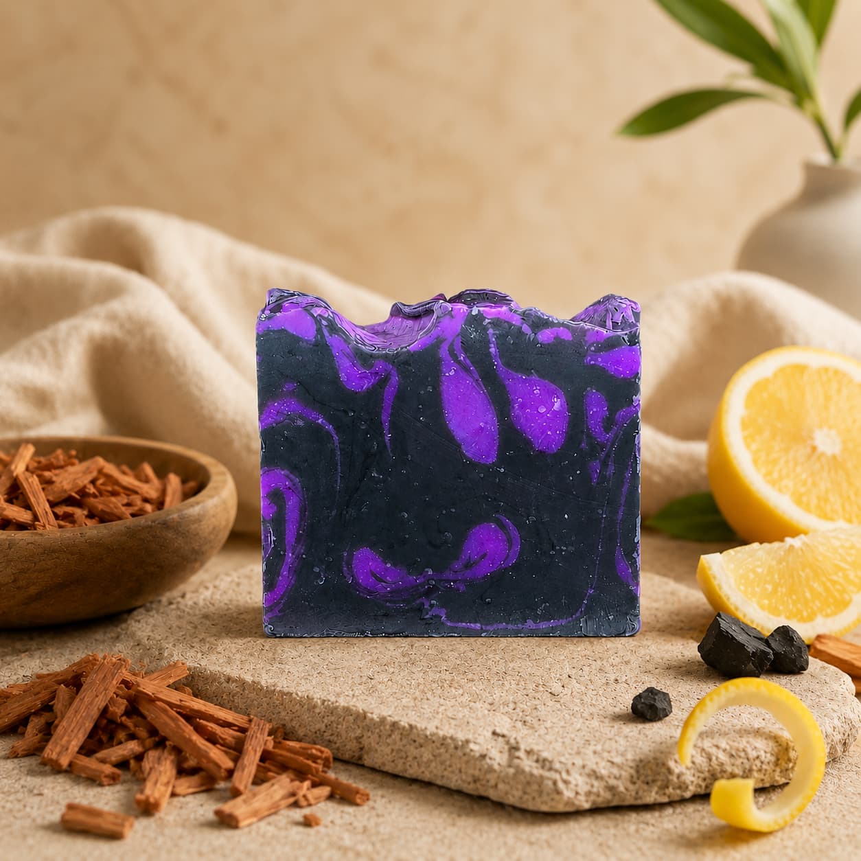 A Citrus + Sandalwood Handmade Coconut Milk Artisan Soap from Jarhead Aromatics, adorned with purple and dark blue swirls, rests on a stone slab surrounded by lemon, wood shavings, and a ceramic vase with green leaves in the background. This bright citrus and woodsy sandalwood soap is thoughtfully crafted to provide an indulgent cleansing experience.