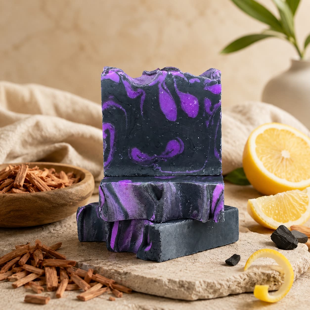 Three bars of Jarhead Aromatics Citrus + Sandalwood Handmade Coconut Milk Artisan Soap, featuring bold black and purple marbling, are stacked atop a stone surface, surrounded by lemon halves, wood chips, and decorative greenery in the background. This bright citrus and woodsy sandalwood soap is thoughtfully crafted to elevate your bathing ritual.