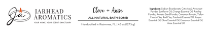 Jarhead Aromatics Clove + Anise Bath Bomb - All Natural. Features natural ingredients and a candle logo with Your Name, Your Scent Sanctuary. Handcrafted in Kissimmee, FL. Net Wt 4.5 oz (127.5g).