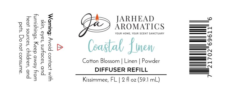 Jarhead Aromatics Coastal Linen Diffuser Refill label with fresh linen, ozone, and sandalwood scent. Warns against skin/surface contact. Includes barcode and size: 2 fl oz (59.1 mL).