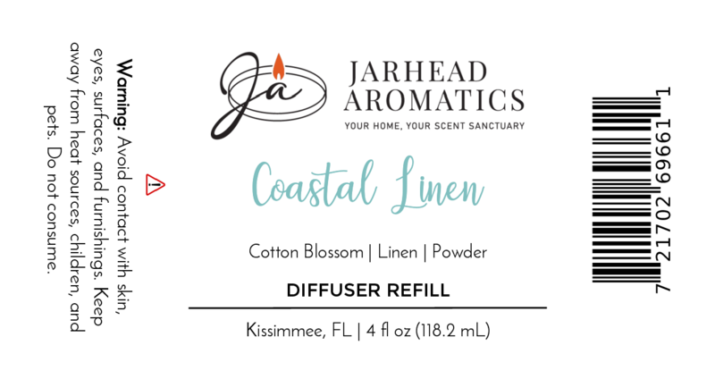 Label for Jarhead Aromatics Coastal Linen Diffuser Refill | Fresh Linen, Ozone & Sandalwood. 4 fl oz. Enjoy a fresh linen and ocean scent. Avoid contact with skin, eyes, surfaces, and furnishings. Made in Kissimmee, FL.