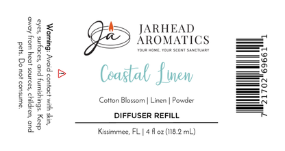 Label for Jarhead Aromatics Coastal Linen Diffuser Refill | Fresh Linen, Ozone & Sandalwood. 4 fl oz. Enjoy a fresh linen and ocean scent. Avoid contact with skin, eyes, surfaces, and furnishings. Made in Kissimmee, FL.