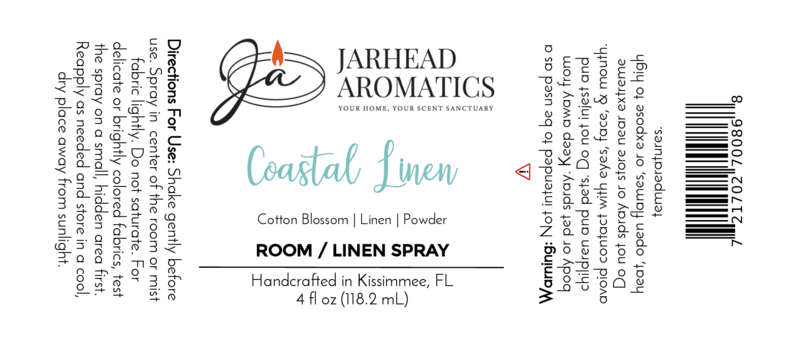 White label for Jarhead Aromatics Coastal Linen Room & Linen Spray | Fresh Linen & Coastal Breeze, includes directions, cotton blossom/linen/powder ingredients, warnings, barcode, and candle flame logo. 4 fl oz (118.2 ml) refreshing fragrance.