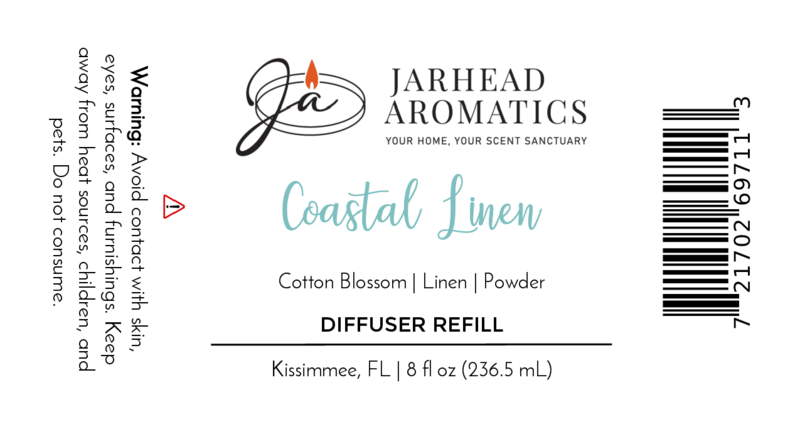 Label for Jarhead Aromatics Coastal Linen Diffuser Refill | Fresh Linen, Ozone & Sandalwood Home Fragrance Oil Refill. Includes scent notes, warnings, usage instructions, 8 fl oz volume, Kissimmee FL address, logo & barcode.
