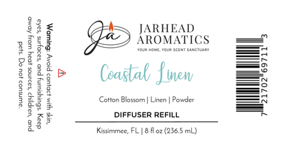 Label for Jarhead Aromatics Coastal Linen Diffuser Refill | Fresh Linen, Ozone & Sandalwood Home Fragrance Oil Refill. Includes scent notes, warnings, usage instructions, 8 fl oz volume, Kissimmee FL address, logo & barcode.
