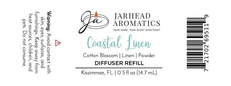 Label for Jarhead Aromatics Coastal Linen Cold Air Diffuser Refill, Fresh Linen & Ozone scent. 0.5 fl oz (14.7 mL). Warning: Avoid contact with eyes/skin. Made in Kissimmee, FL. Barcode on right.