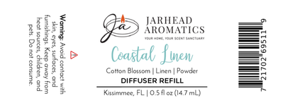 Label for Jarhead Aromatics Coastal Linen Cold Air Diffuser Refill, Fresh Linen & Ozone scent. 0.5 fl oz (14.7 mL). Warning: Avoid contact with eyes/skin. Made in Kissimmee, FL. Barcode on right.