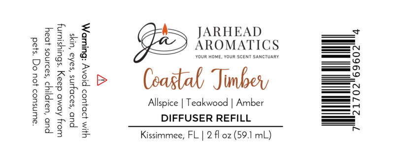 Jarhead Aromatics Coastal Timber Diffuser Refill—teakwood, leather & amber home fragrance oil, spa-inspired. Label includes warnings, barcode, 2 fl oz size, and company location (Kissimmee, FL).