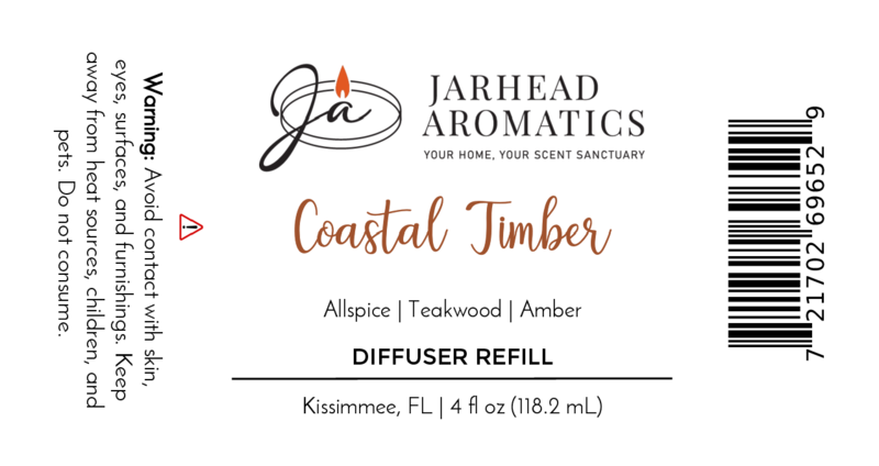 Jarhead Aromatics Coastal Timber Diffuser Refill | Teakwood, Leather & Amber Home Fragrance Oil Refill. Masculine aroma. Warning: Avoid contact with skin, eyes, surfaces, heat, children & pets. Includes barcode & product details.