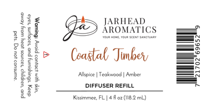 Jarhead Aromatics Coastal Timber Diffuser Refill | Teakwood, Leather & Amber Home Fragrance Oil Refill. Masculine aroma. Warning: Avoid contact with skin, eyes, surfaces, heat, children & pets. Includes barcode & product details.