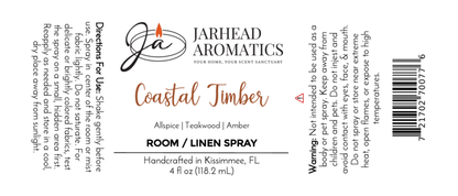 White label for Jarhead Aromatics Coastal Timber Room & Linen Spray | Teakwood, Leather & Amber. Includes use directions, warning, barcode. Handcrafted in Kissimmee, FL. 4 fl oz (118.2 mL).