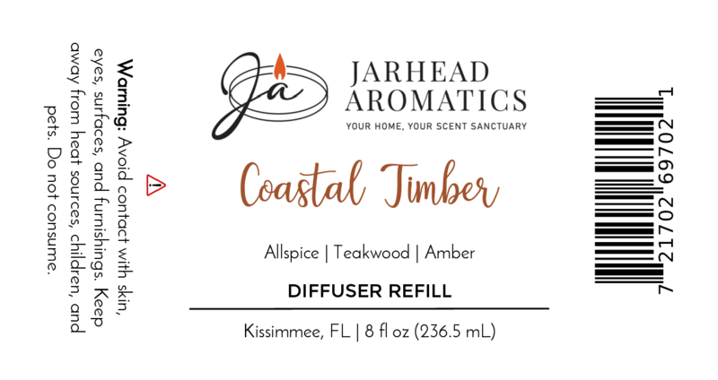 Coastal Timber Diffuser Refill by Jarhead Aromatics blends teakwood, leather, and amber for a masculine home scent. 8 fl oz (236.5 mL). Avoid skin contact; see safety warnings.
