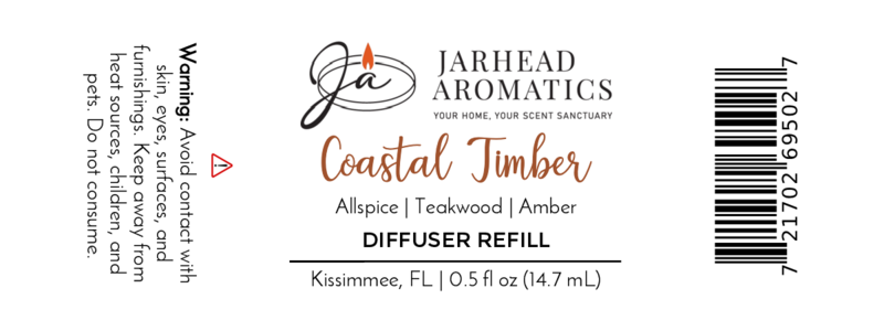 Jarhead Aromatics Coastal Timber Cold Air Diffuser Refill | Teakwood & Sandalwood luxury scent oil, 0.5 fl oz. Label has fragrance notes, warning, barcode, Kissimmee, FL. White background with black/orange text.