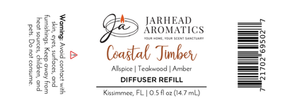 Jarhead Aromatics Coastal Timber Cold Air Diffuser Refill | Teakwood & Sandalwood luxury scent oil, 0.5 fl oz. Label has fragrance notes, warning, barcode, Kissimmee, FL. White background with black/orange text.