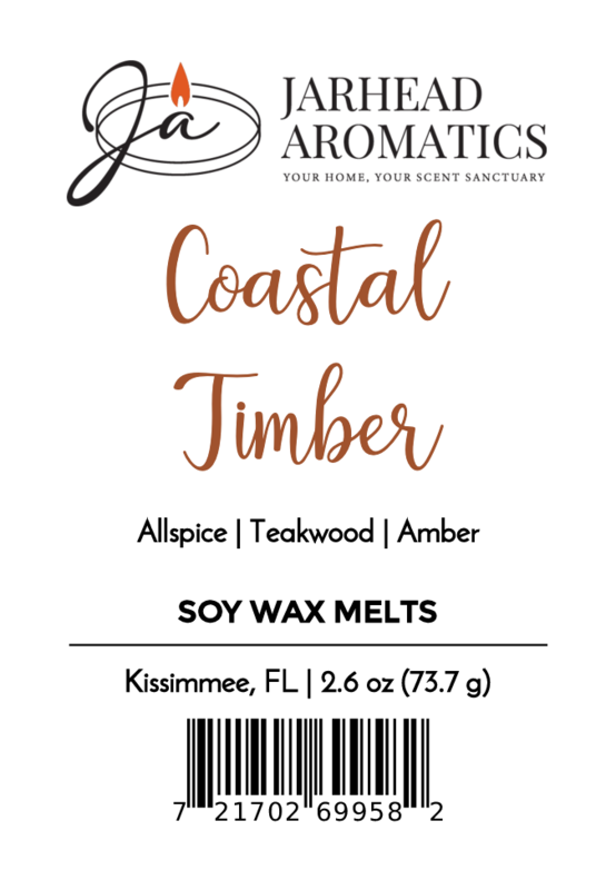 Jarhead Aromatics' Coastal Timber Soy Wax Melt | Teakwood Leather & Amber features a masculine scent with allspice, teakwood, and amber notes. Includes weight info, Kissimmee, FL location, and barcode at the bottom of the label.