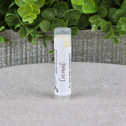 A tube of Jarhead Aromatics Tallow Lip Balm - All Natural - Assorted Flavors stands upright on gray fabric, with green leafy plants and a gray wooden planter in the background.