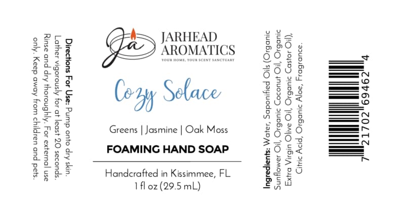 Product label for Cozy Solace Handmade Foaming Hand Soap in Fresh Greens, Jasmine, and Oak Moss, featuring directions, ingredients, and a barcode.
