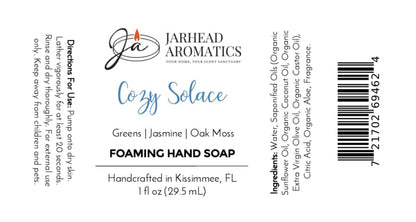 Product label for Cozy Solace Handmade Foaming Hand Soap in Fresh Greens, Jasmine, and Oak Moss, featuring directions, ingredients, and a barcode.