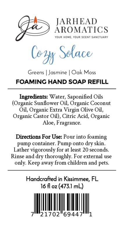 Product label for Jarhead Aromatics Cozy Solace Handmade Foaming Hand Soap, featuring ingredients, directions for use, a scent profile, and a barcode.