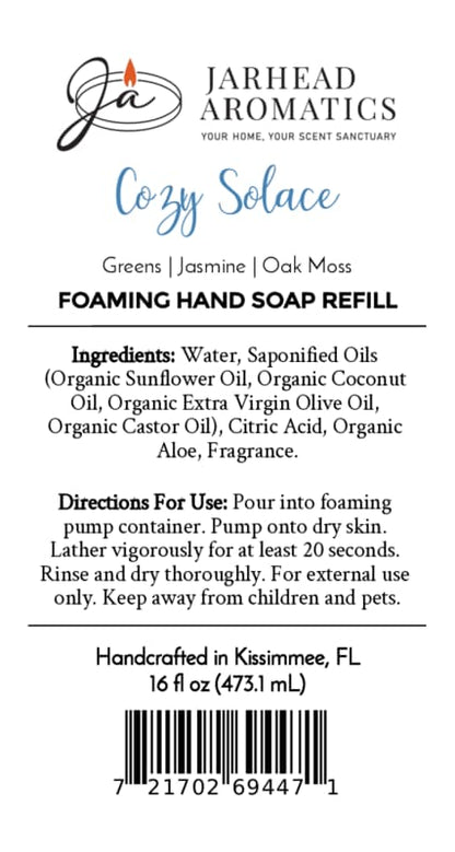 Product label for Jarhead Aromatics Cozy Solace Handmade Foaming Hand Soap, featuring ingredients, directions for use, a scent profile, and a barcode.