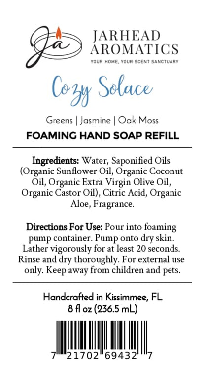 Product label for Jarhead Aromatics Cozy Solace Handmade Foaming Hand Soap, showing ingredients, usage directions, and a barcode.