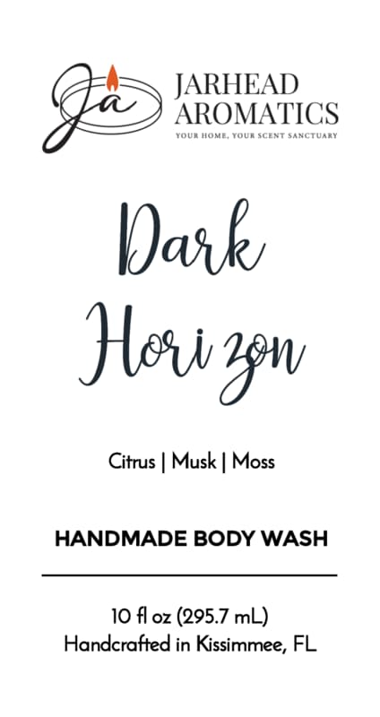 Jarhead Aromatics Dark Horizon Handmade Body Wash Moisturizing body wash with organic aloe & plant-based oils. Immerse yourself in a masculine blend of citrus, musk, and moss. Size: 10 fl oz (295.7 mL) Handcrafted in Kissimmee, FL. [Logo with flame and brand name at the top].