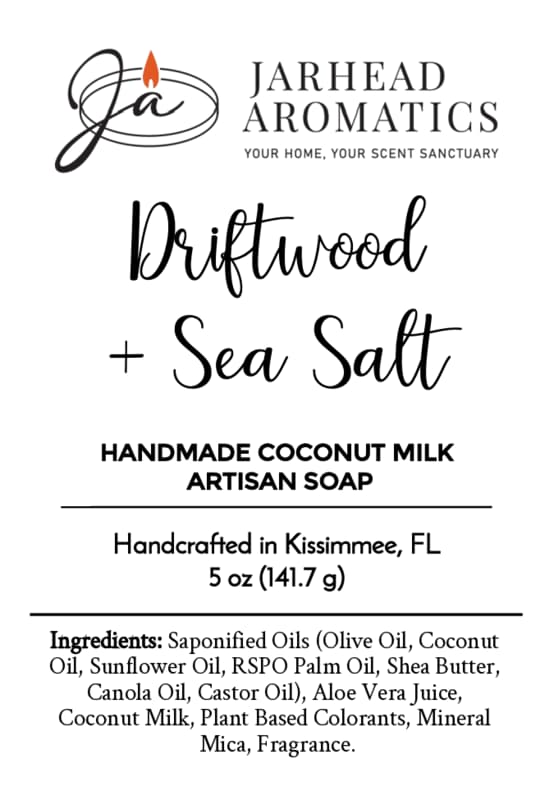 Jarhead Aromatics Driftwood + Sea Salt Handmade Coconut Milk Artisan Soap | Coastal Bar Soap Experience the invigorating blend of driftwood and fresh sea salt in this creamy, handmade coconut milk soap. Expertly handcrafted in Kissimmee, FL. Ingredients listed. Net Wt 5 oz (141.7 g).