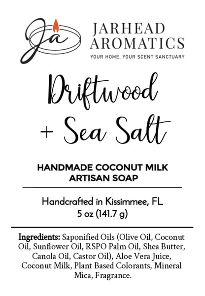 Jarhead Aromatics Driftwood + Sea Salt Handmade Coconut Milk Artisan Soap | Coastal Bar Soap Experience the invigorating blend of driftwood and fresh sea salt in this creamy, handmade coconut milk soap. Expertly handcrafted in Kissimmee, FL. Ingredients listed. Net Wt 5 oz (141.7 g).