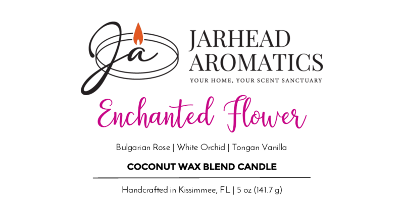 Jarhead Aromatics’ Enchanted Flower Coconut Wax Blend Candle fills your space with rose, orchid, and vanilla. Handcrafted in Kissimmee, FL. 5 oz.
