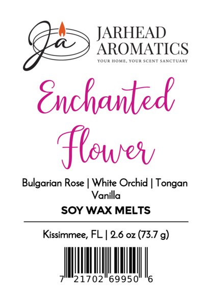 Jarhead Aromatics Enchanted Flower Soy Wax Melt—Rose, Orchid & Vanilla scent. Label includes weight, Kissimmee, FL location, and barcode at the bottom.