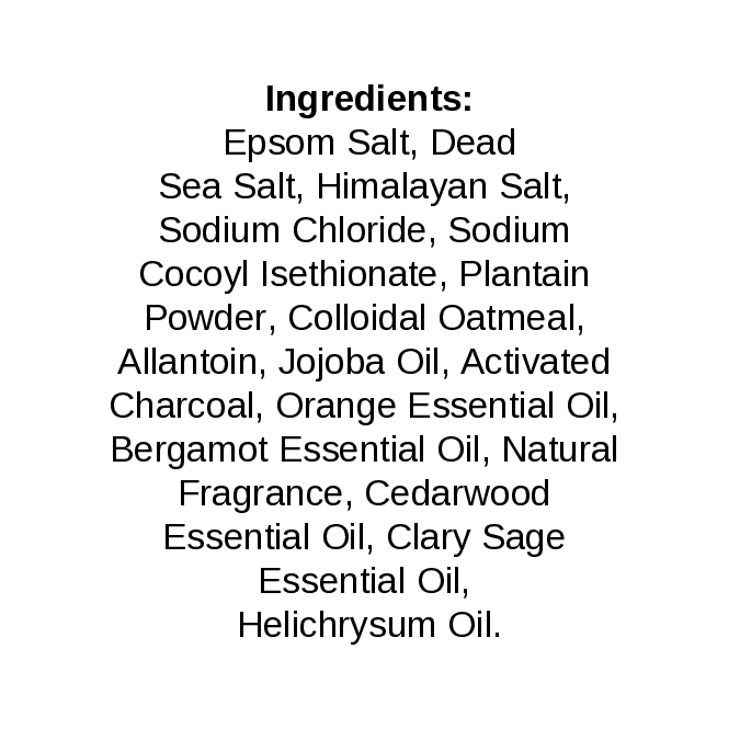 The ingredients list features skin-nourishing Epsom Salt, detoxifying Dead Sea Salt, Himalayan Salt, plus essential oils including Bergamot and Cedarwood. The blend is completed with Jarhead Aromatics Energizing Charcoal & Orange Premium Soaking Bath Salts and Helichrysum Oil.