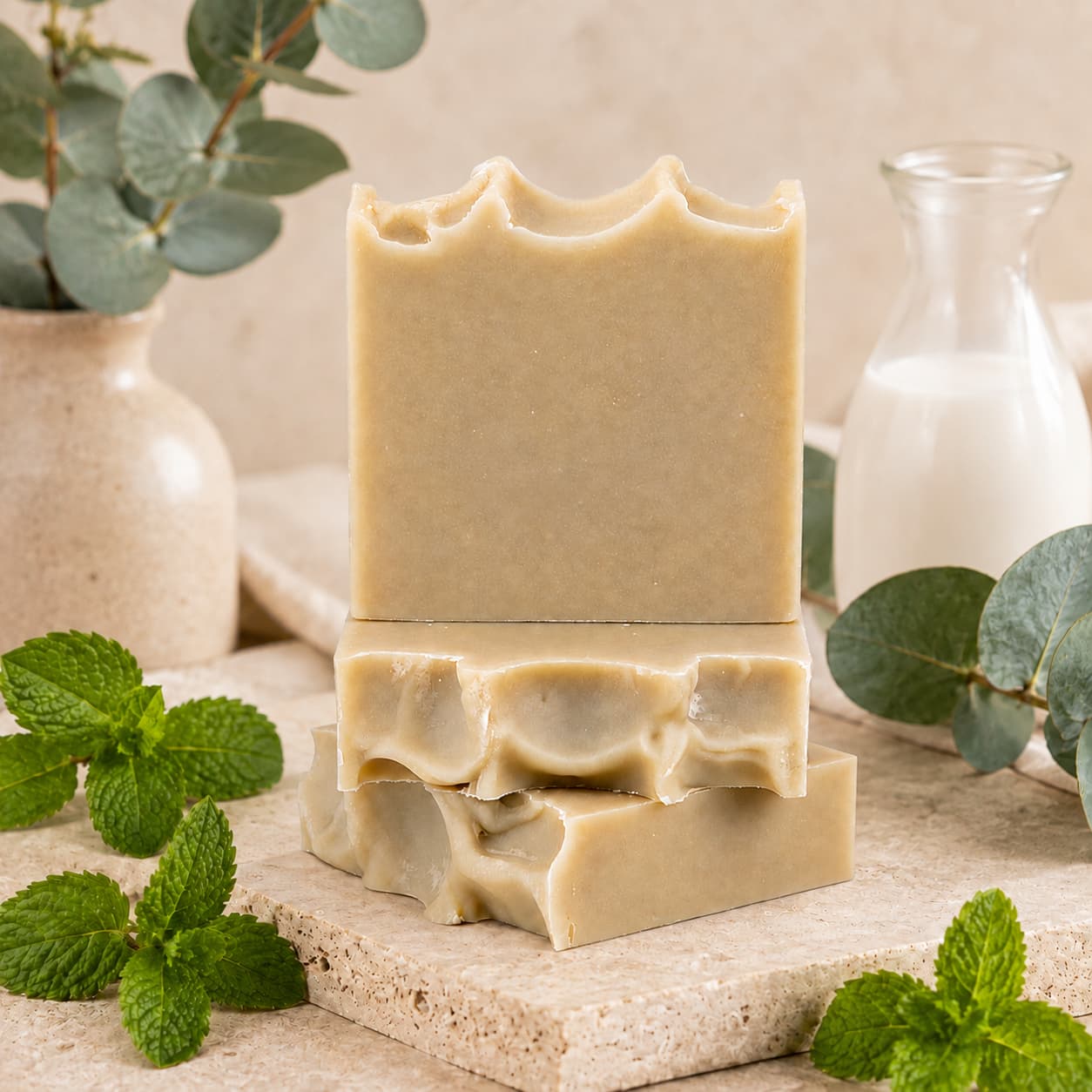 Two bars of Jarhead Aromatics’ Eucalyptus + Mint Handmade Natural Goat Milk Artisan Soap are stacked on a stone surface, surrounded by fresh mint leaves and eucalyptus. A small glass bottle of milk and a ceramic vase with eucalyptus branches appear in the background, emphasizing the soap’s cooling blend of eucalyptus and triple mint.