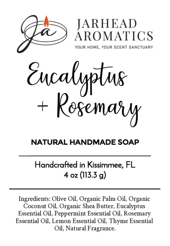 Product label for Eucalyptus + Rosemary Natural Handmade Soap by Jarhead Aromatics, detailing ingredients and net weight for this natural artisan soap.
