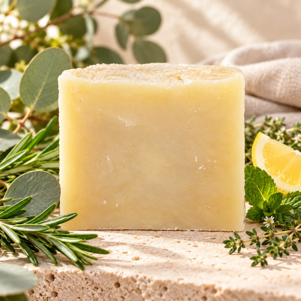 A rectangular bar of Jarhead Aromatics Eucalyptus + Rosemary Natural Handmade Soap surrounded by sprigs of rosemary, eucalyptus leaves, a lemon slice, and mint.