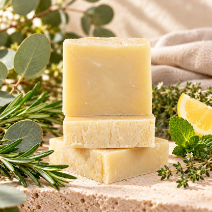 Three bars of Jarhead Aromatics Eucalyptus + Rosemary Natural Handmade Soap stacked on a stone surface, surrounded by rosemary sprigs, eucalyptus leaves, and a lemon wedge.
