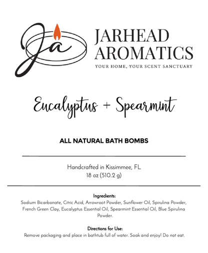 Jarhead Aromatics Eucalyptus + Spearmint Bath Bomb – All Natural. Handcrafted in Kissimmee, FL. Logo with candle flame at top. Ingredients and directions below. Enjoy pure relaxation with our handmade bath bomb.
