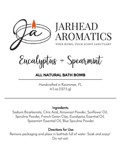 Label for Jarhead Aromatics Eucalyptus + Spearmint Bath Bomb - All Natural, listing ingredients and directions for safe use. Features company logo, product details, and clear instructions to enjoy this handmade bath bomb.