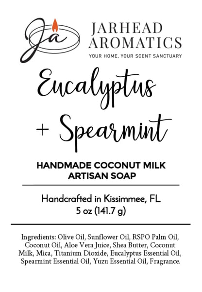 Jarhead Aromatics Eucalyptus + Spearmint Handmade Coconut Milk Artisan Soap label, featuring ingredients and “handcrafted in Kissimmee, FL,” 5 oz (141.7 g). This Cooling Mint & Eucalyptus Spa Soap is presented with black text on a white background.