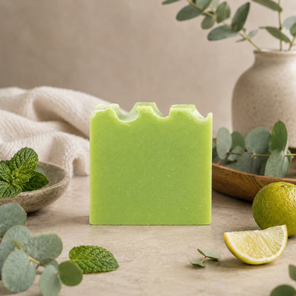 A green bar of Eucalyptus + Spearmint Handmade Coconut Milk Artisan Soap by Jarhead Aromatics, featuring a wavy top, rests on a beige surface surrounded by eucalyptus leaves, mint, a lime, a lemon wedge, a cloth, and ceramic dishes. This cooling mint and eucalyptus spa soap is handcrafted with nourishing coconut milk to provide a refreshing and luxurious cleansing experience.