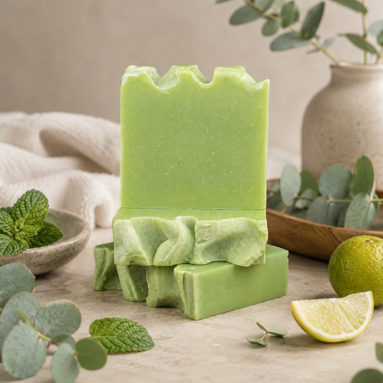 Two bars of Jarhead Aromatics’ Eucalyptus + Spearmint Handmade Coconut Milk Artisan Soap are stacked on a beige surface, surrounded by eucalyptus leaves, mint sprigs, a lime, a lemon wedge, and a beige vase in the background.