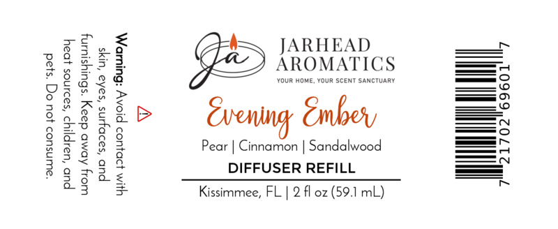 Label for Jarhead Aromatics Evening Ember Diffuser Refill—Plum, Sandalwood & Smoke fragrance. Features warning to avoid skin contact, ingredient list, barcode, and Kissimmee, FL location.