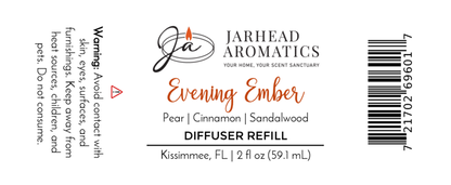 Label for Jarhead Aromatics Evening Ember Diffuser Refill—Plum, Sandalwood & Smoke fragrance. Features warning to avoid skin contact, ingredient list, barcode, and Kissimmee, FL location.