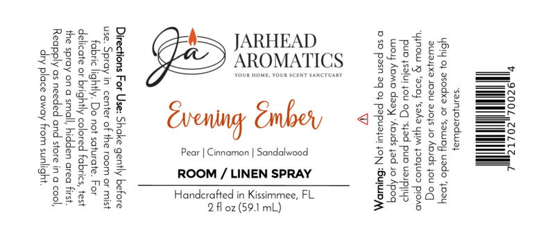 Jarhead Aromatics Evening Ember Room & Linen Spray—handcrafted home fragrance with plum, smoke, and sandalwood. For rooms or fabrics. 2 fl oz (59.1 mL). Includes directions and warnings. Made in Kissimmee, FL with signature candle logo.